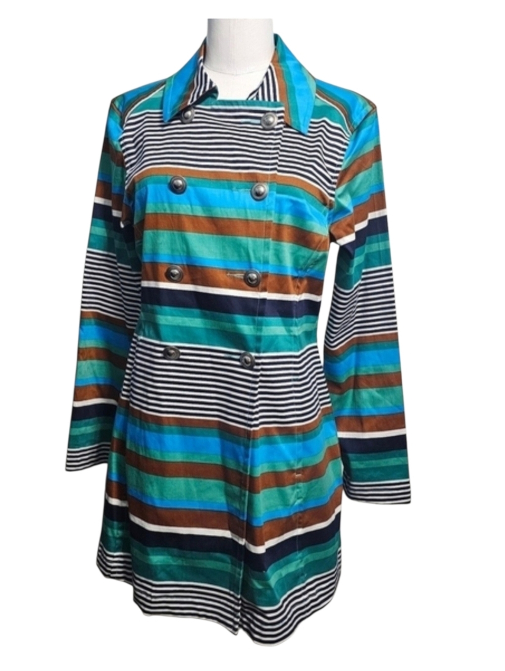 NWT LAL Live a Little Multicolor Striped Doble Breasted Trench Coat/Jacket Sz L